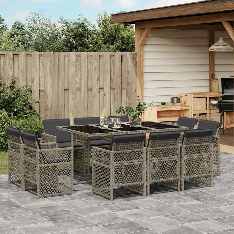 Ensemble à manger de jardin 11pcs avec coussins gris poly rotin