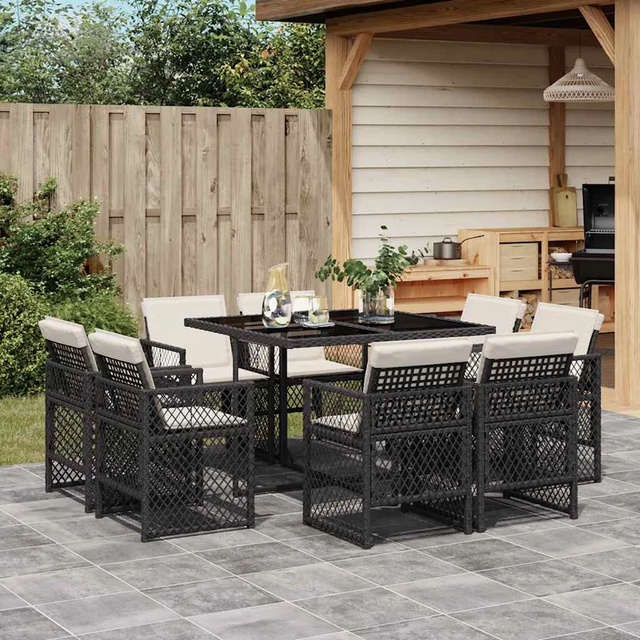 Ensemble à manger de jardin 9pcs coussins noir résine tressée
