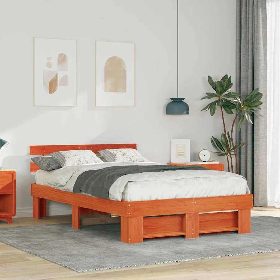 Cadre de lit avec tête de lit Brun cire 140 x 190 cm Pin massif