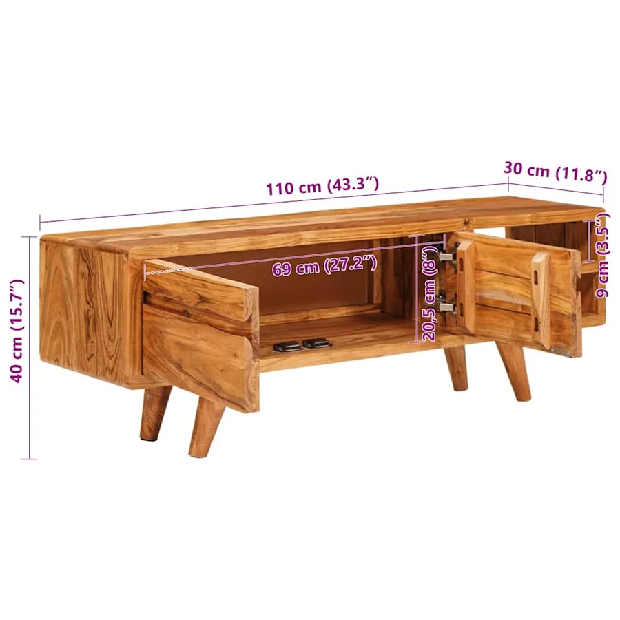 Meuble TV Marron 110 x 30 x 40 cm Bois d'Acacia Massif - 12