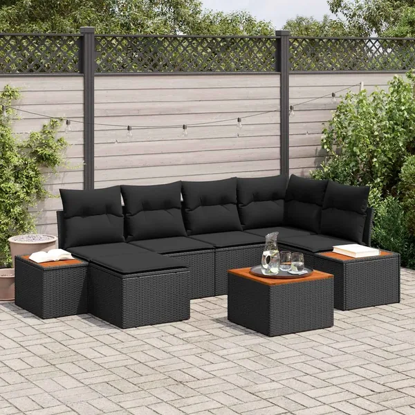 Ensemble de canapé de jardin avec coussin 7 pcs Noir polyrotin