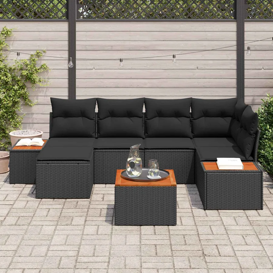 Ensemble de canapé de jardin avec coussin 7 pcs Noir polyrotin - 3