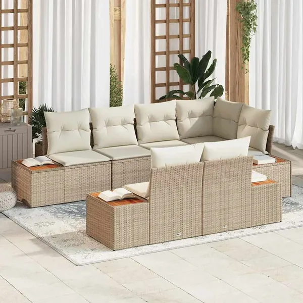 Ensemble de canapé de jardin 7 pcs Beige et crème Polyrotin