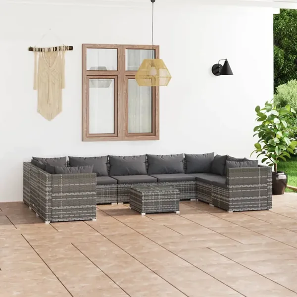 Salon de jardin 10 pcs avec coussins Résine tressée Gris