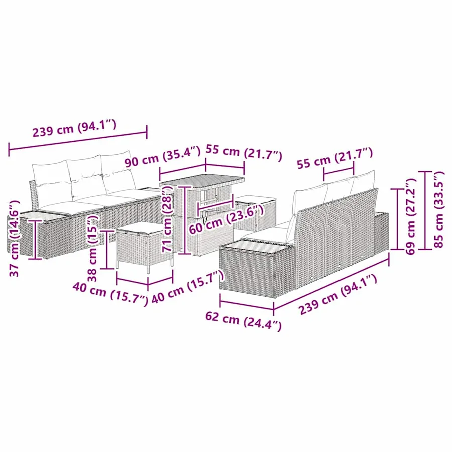 Ensemble de canapé de jardin avec coussin 9 pcs Gris Poly rotin - 15