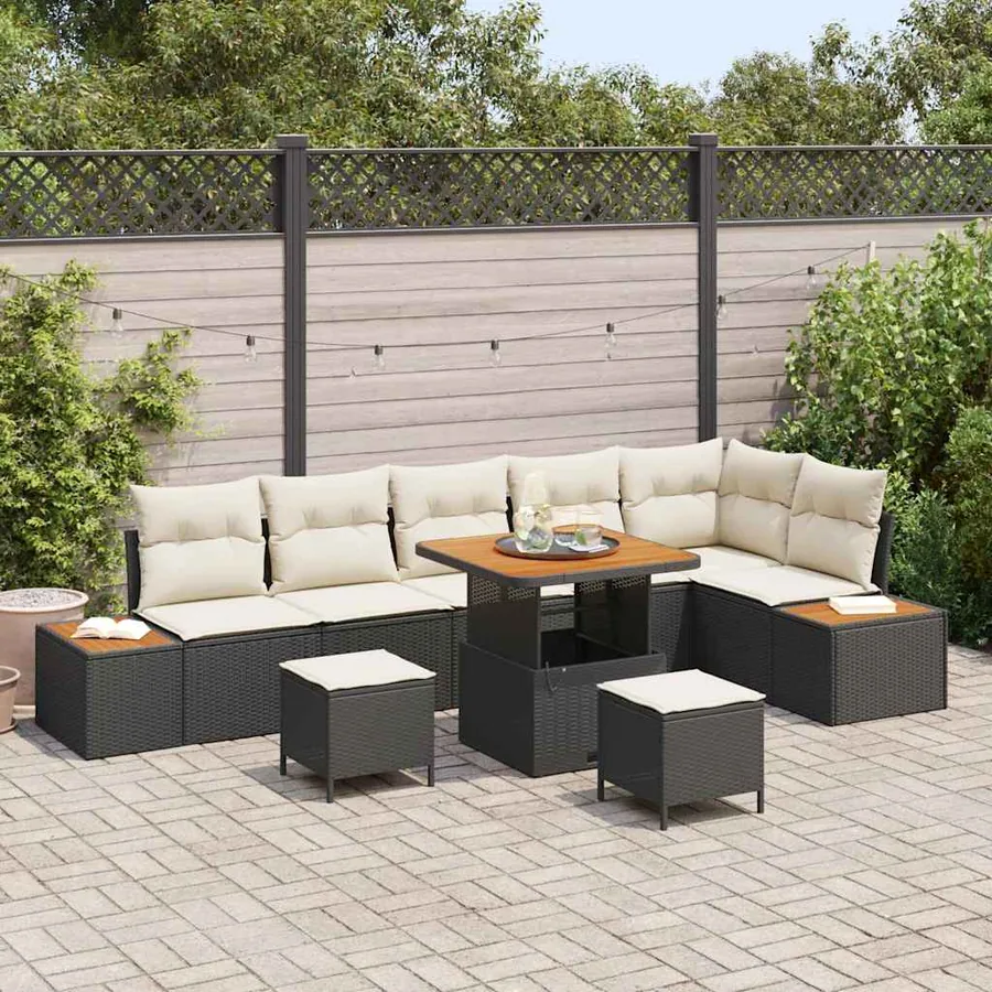 Ensemble de canapé de jardin avec coussin 9 pcs Noir Poly rotin