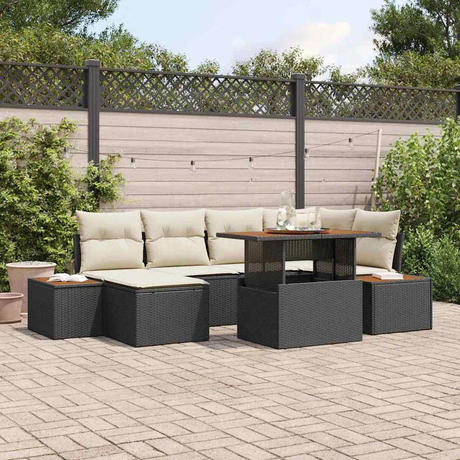 Ensemble de canapé de jardin 7 pcs Noir Poly rotin