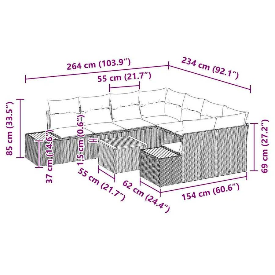 Ensemble de canapé de jardin 9 pcs Noir Poly rotin - 13