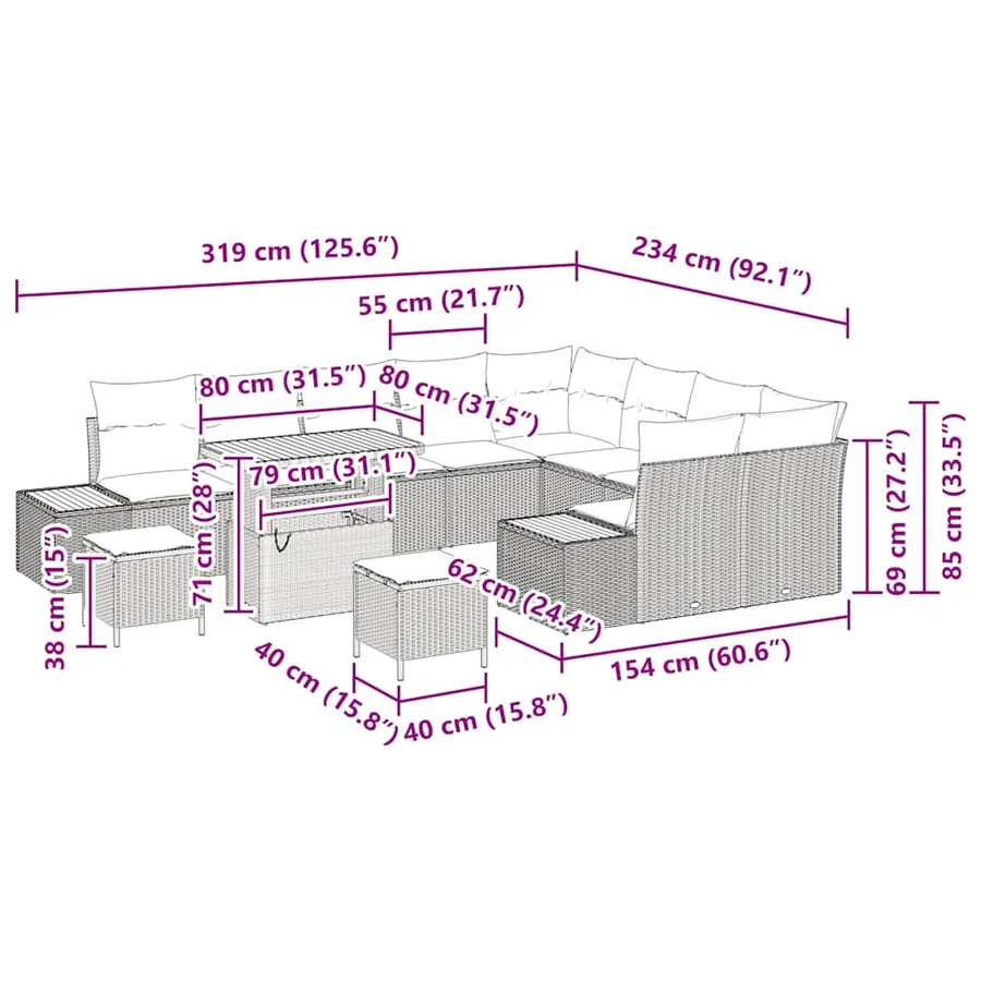 Ensemble de canapé de jardin 12 pcs Noir Poly rotin - 18