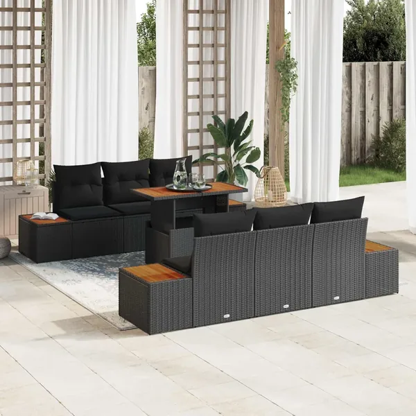 Ensemble de canapé de jardin 7 pcs Noir Poly rotin