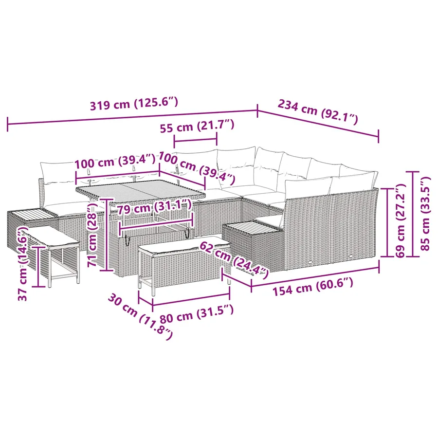 Ensemble de canapé de jardin 12 pcs Noir Poly rotin - 18