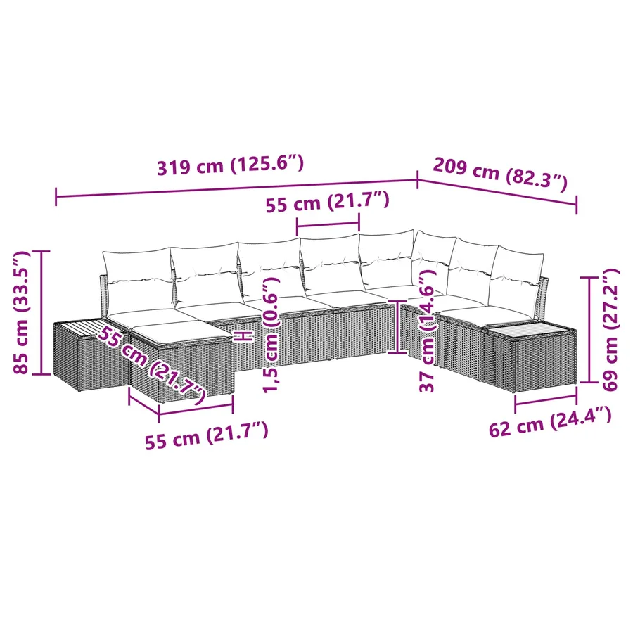 Ensemble de canapé de jardin avec coussin 9 pcs Noir Polyrotin - 14