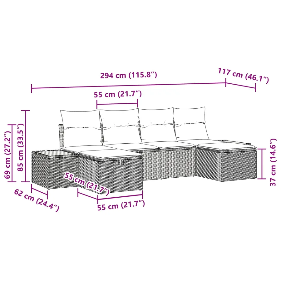 Ensemble de canapé de jardin 6 pcs Noir 55 x 62 x 69 cm - 13