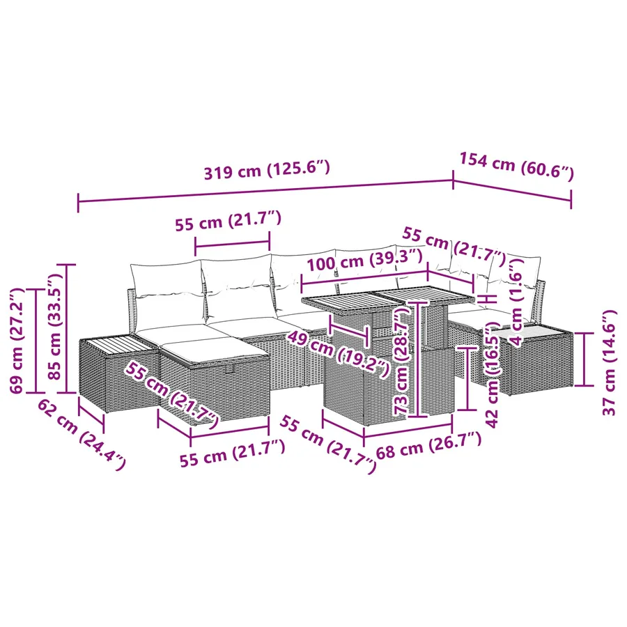 Ensemble de canapé de jardin 8 pcs Noir polyrotin - 17