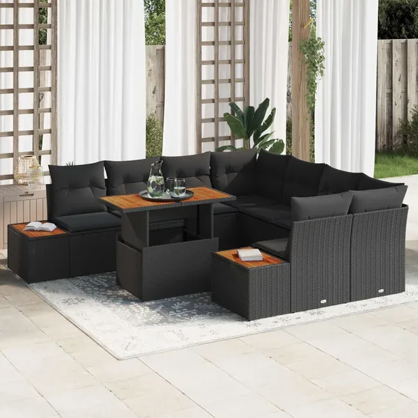 Ensemble de canapé de jardin 9 pcs Noir Poly rotin