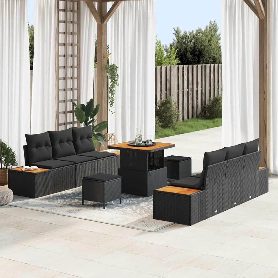 Ensemble de canapé de jardin avec coussin 9 pcs Noir Poly rotin