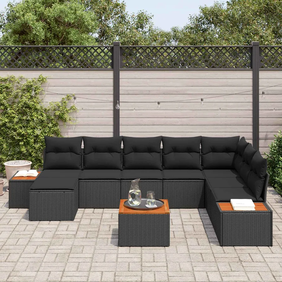 Ensemble de canapé de jardin avec coussin 9 pcs Noir Polyrotin - 3