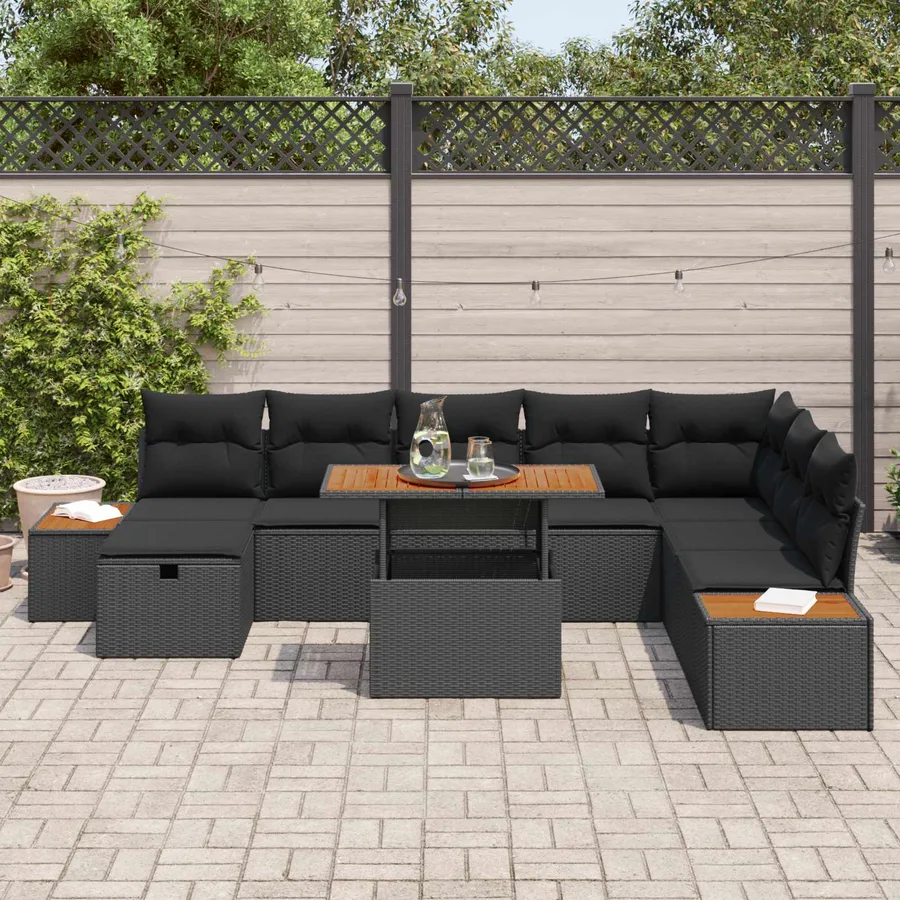 Ensemble de canapé de jardin avec coussin 9 pcs Noir polyrotin - 3