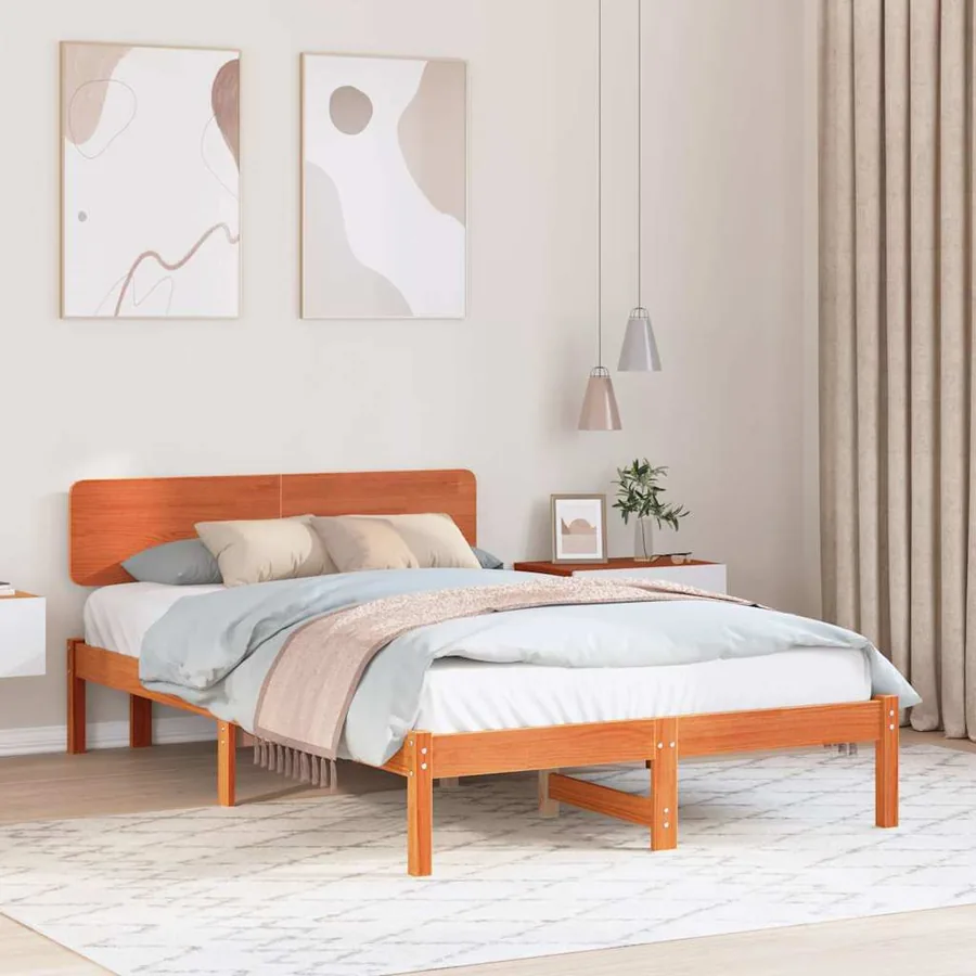 Cadre de lit avec tête de lit Brun cire 135 x 190 cm Pin massif