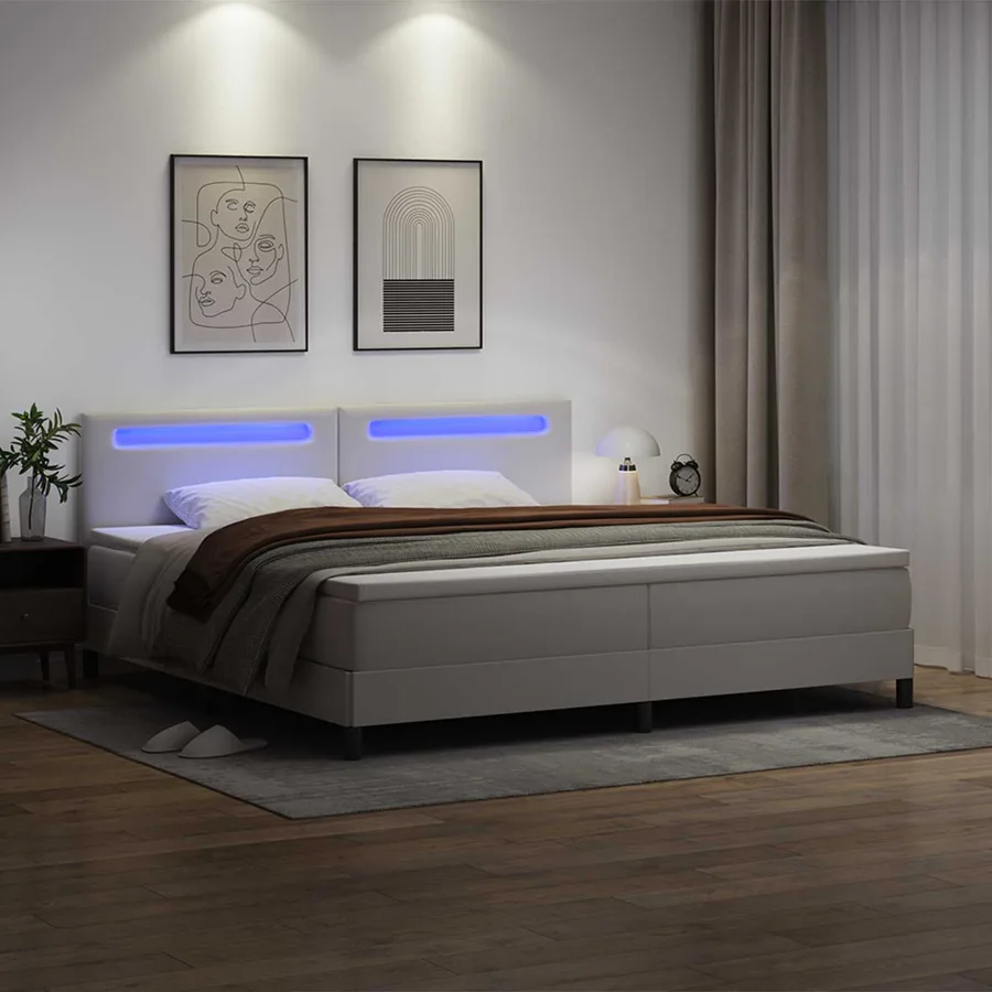 Lit à ressorts avec matelas Blanc 200 x 200 cm Simili cuir - 4