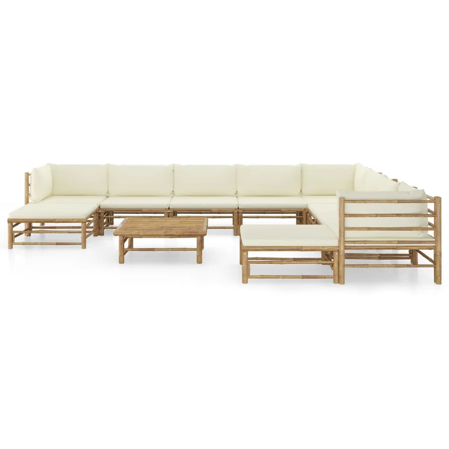 Salon de jardin 11 pcs avec coussins blanc crème bambou - 2