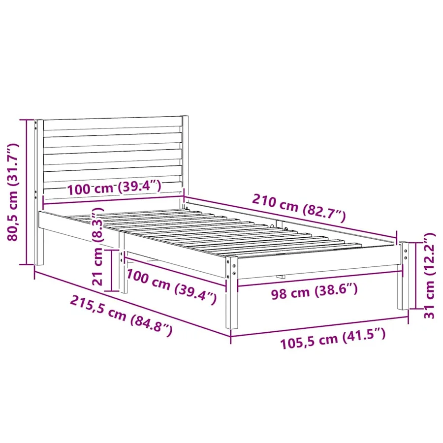 Cadre de lit avec tête de lit Blanc 100 x 210 cm Pin massif - 8