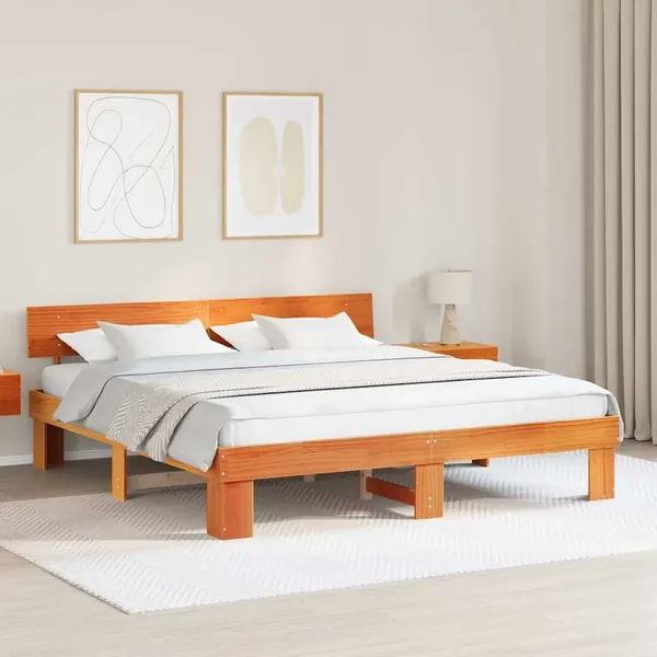 Cadre de lit avec tête de lit Brun cire 200 x 200 cm Pin massif