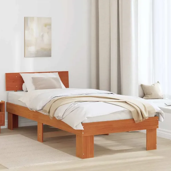 Cadre de lit avec tête de lit Brun cire 75 x 190 cm Pin massif