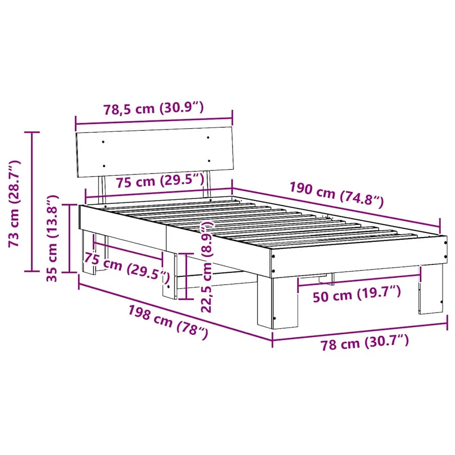 Cadre de lit avec tête de lit Brun cire 75 x 190 cm Pin massif - 10