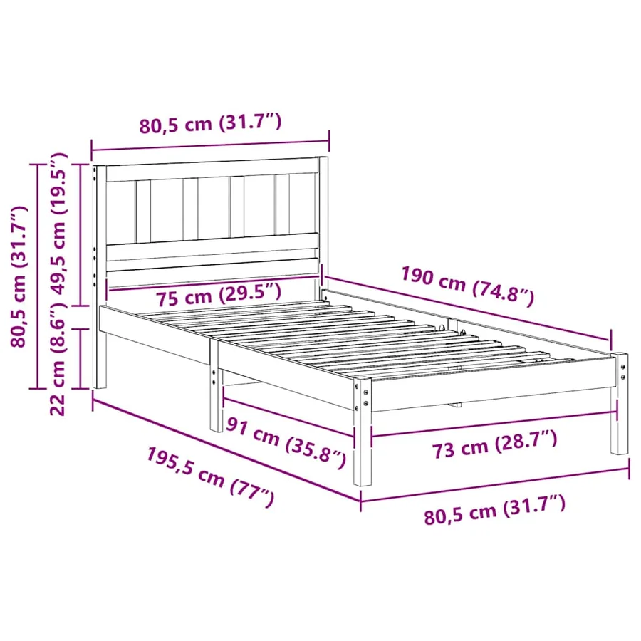 Cadre de lit avec tête de lit Blanc 75 x 190 cm Pin massif - 9