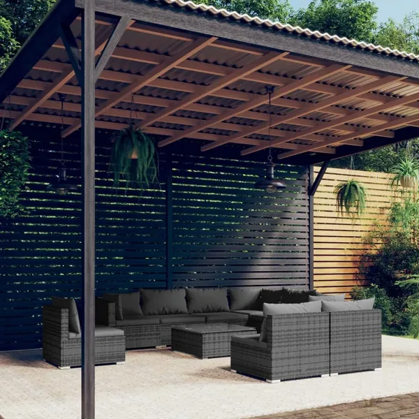 Salon de jardin 10 pcs avec coussins Résine tressée Gris