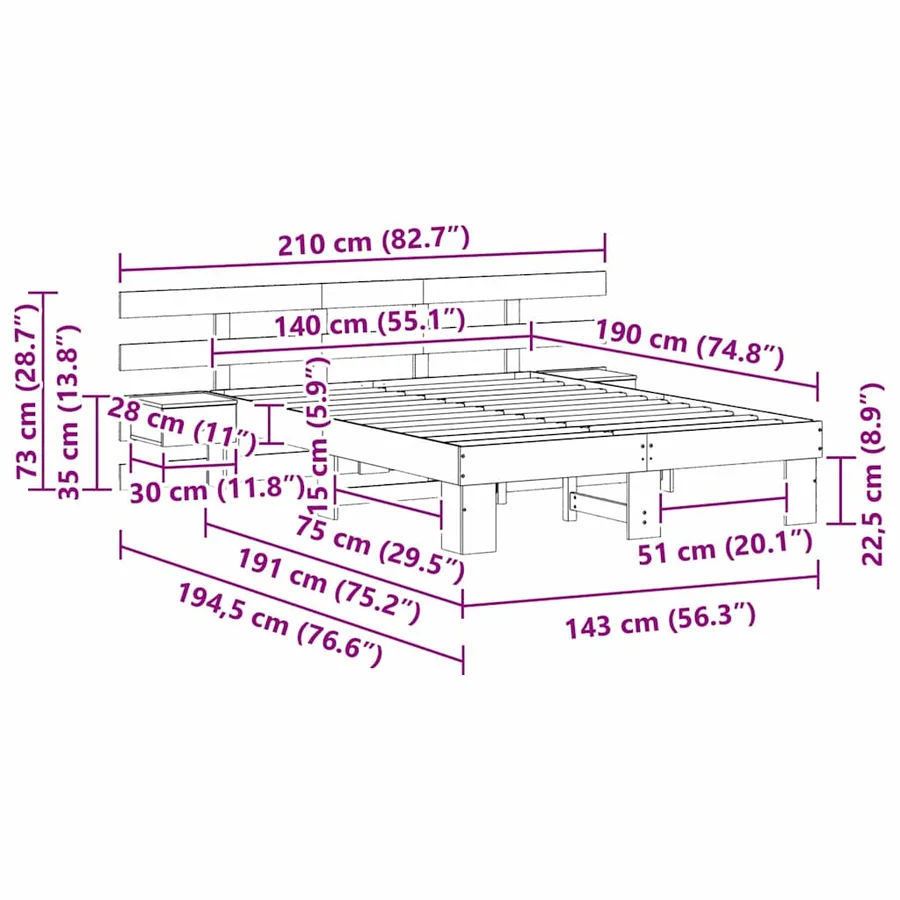 Cadre de lit avec tête de lit Blanc 140 x 190 cm Pin massif - 11