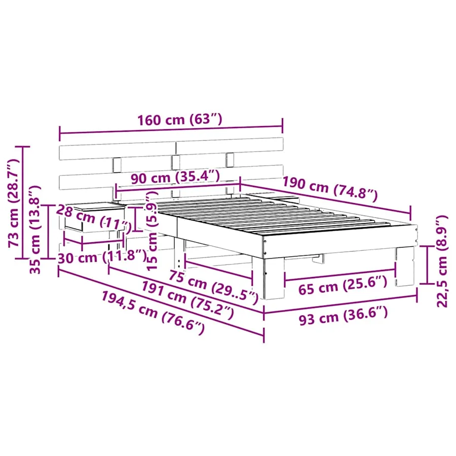 Cadre de lit avec tête de lit Marron 90 x 190 cm Pin massif - 11