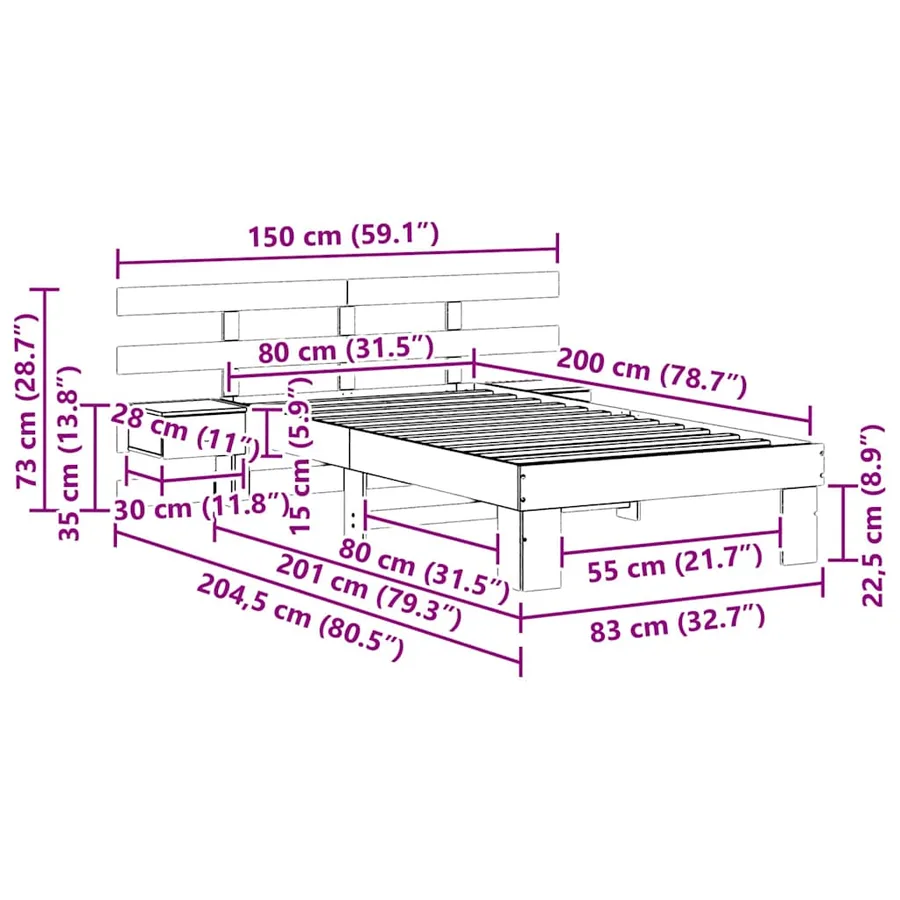 Cadre de lit avec tête de lit Blanc 80 x 200 cm Pin massif - 11