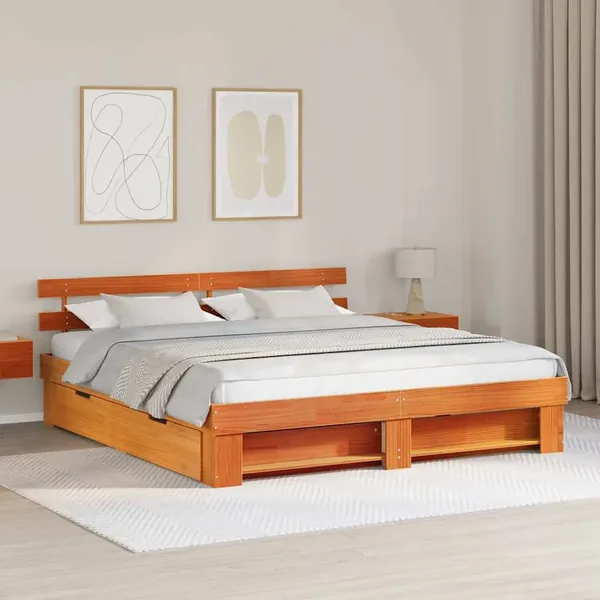 Cadre de lit avec tête de lit Brun cire 200 x 200 cm Pin massif