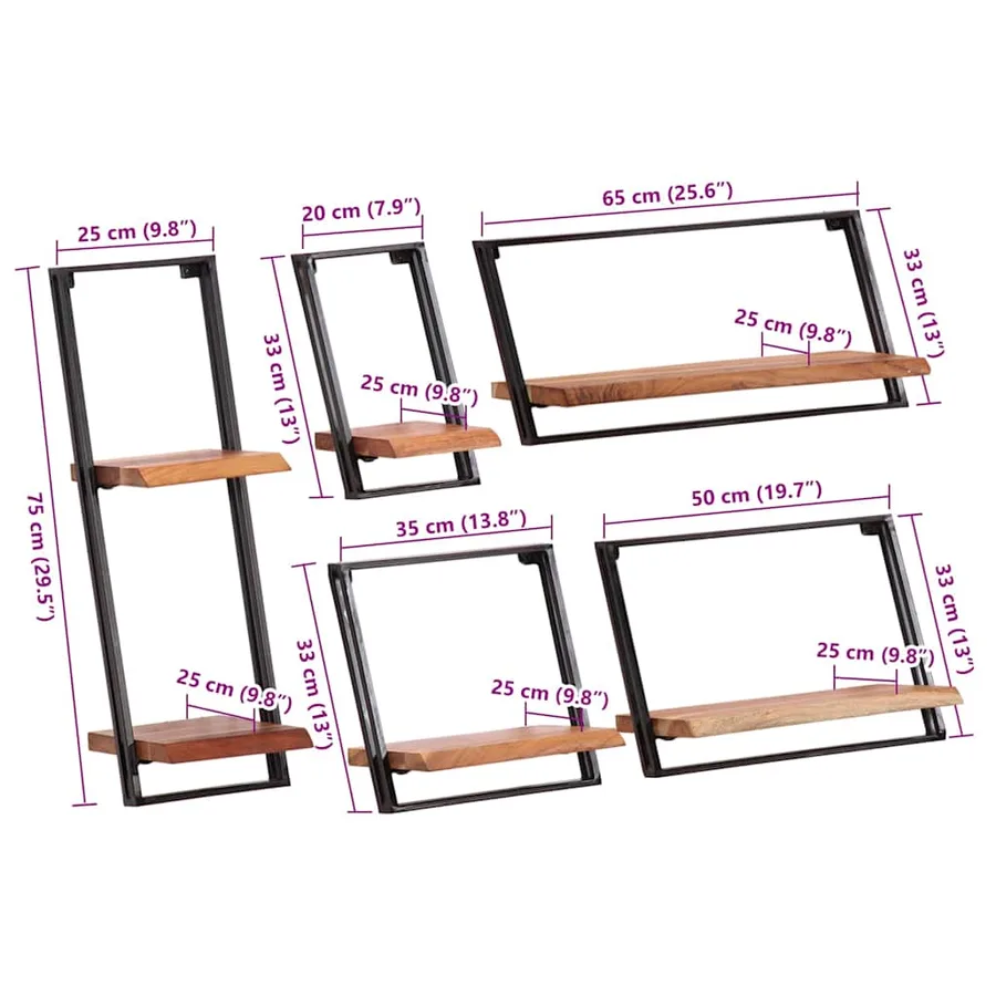 Étagères murales 5 pcs en bois massif d'acacia - 11