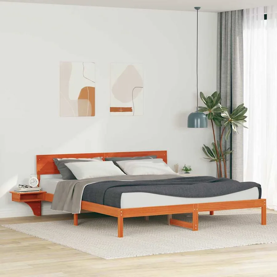 Cadre de lit avec tête de lit Brun cire 200 x 200 cm Pin massif