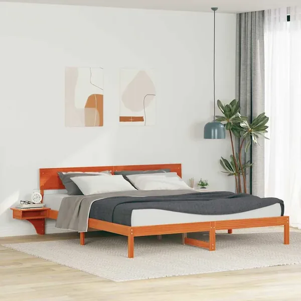 Cadre de lit avec tête de lit Brun cire 200 x 200 cm Pin massif