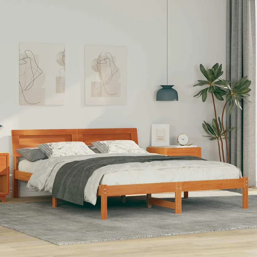 Cadre de lit avec tête de lit Brun cire 150 x 200 cm Pin massif