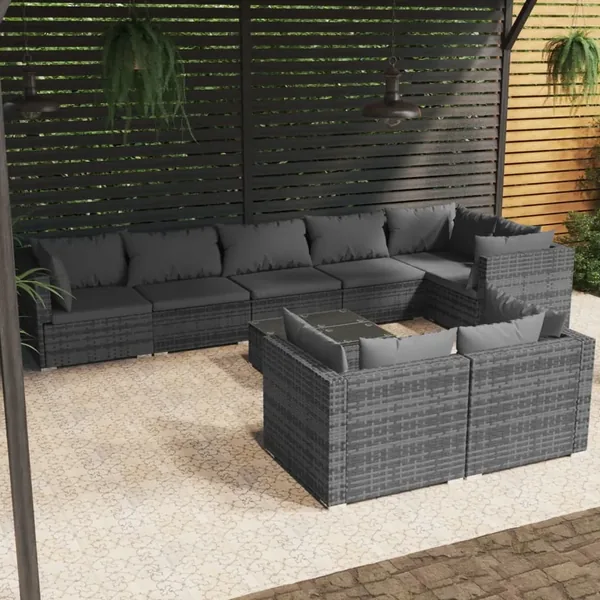 Salon de jardin 9 pcs avec coussins Gris Résine tressée