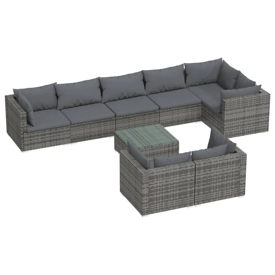 Salon de jardin 9 pcs avec coussins Gris Résine tressée - 2