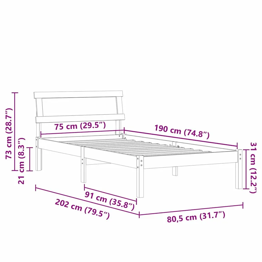 Cadre de lit avec tête de lit Blanc 75 x 190 cm Pin massif - 11