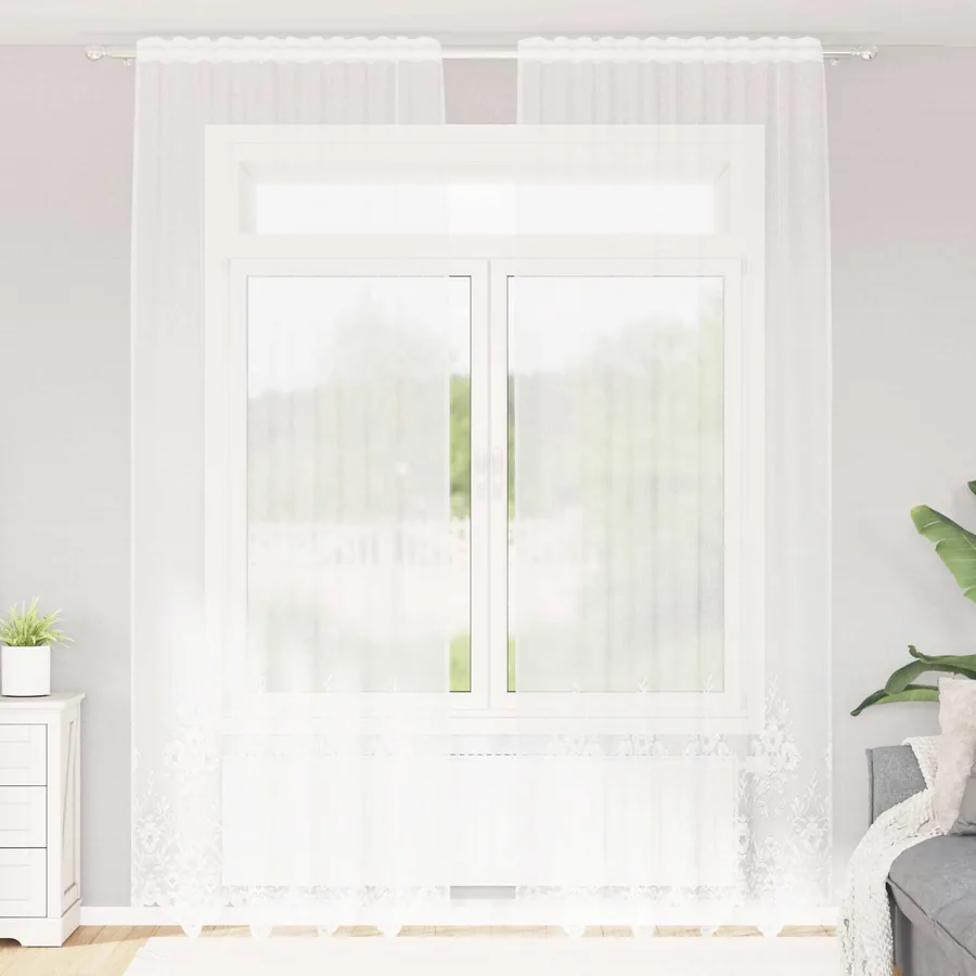 Rideau en Dentelle Floral Blanc 300 x 150 cm Polyester