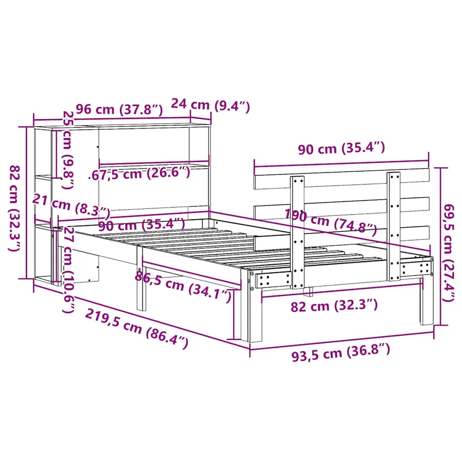 Lit bibliothèque sans matelas 90x190 cm bois de pin massif - 11
