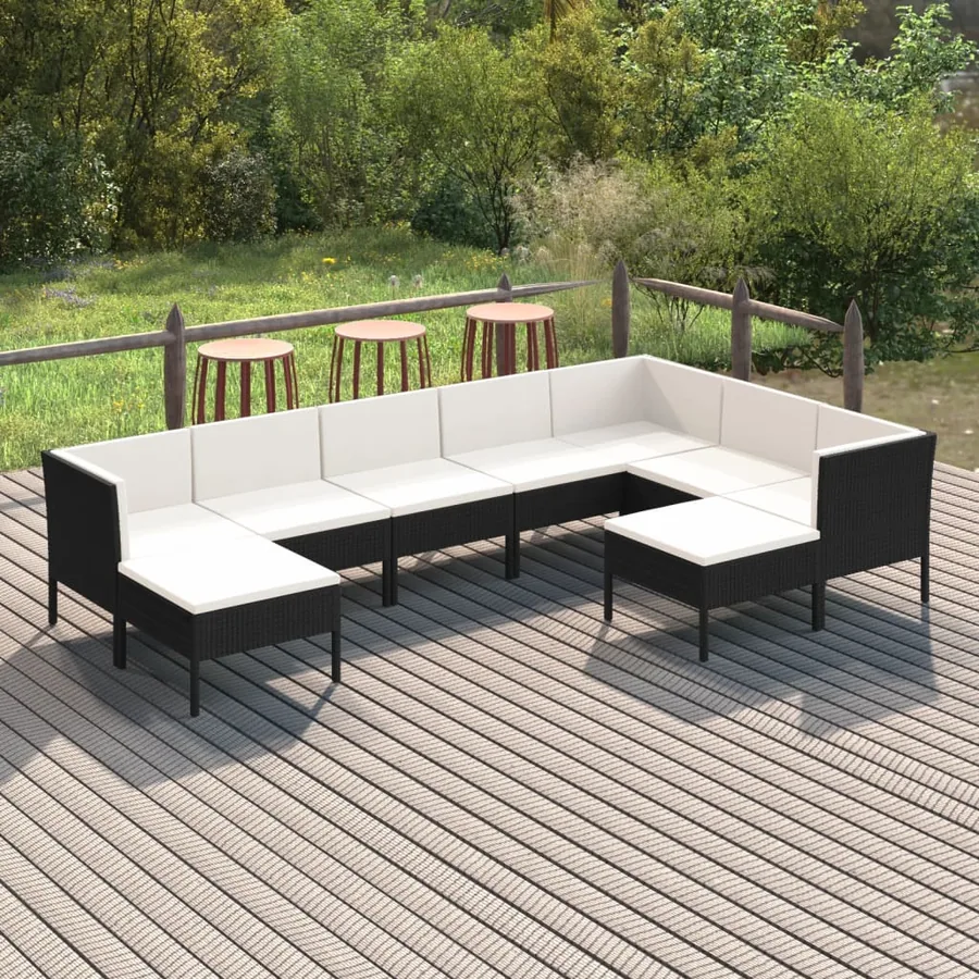 Salon de jardin 9 pcs avec coussins Résine tressée Noir