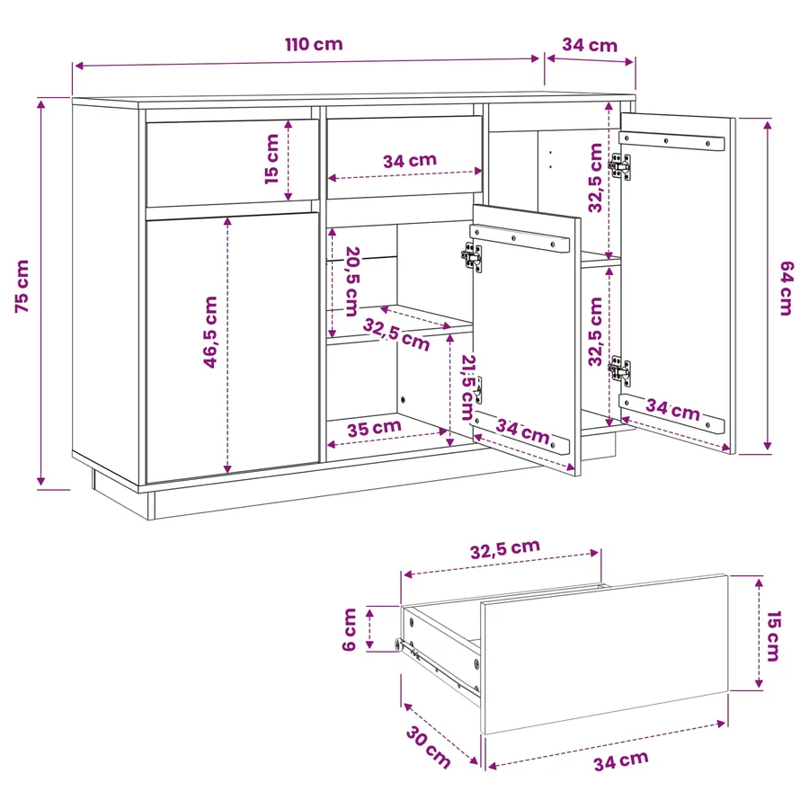 Buffet avec tiroir Brun cire 110 x 34 x 75 cm Pin massif - 15