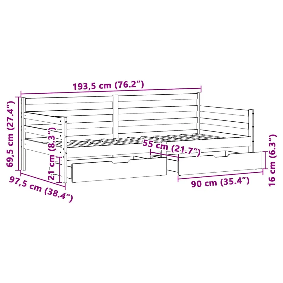 Lit de jour avec tiroirs sans matelas 90x190 cm bois massif - 12
