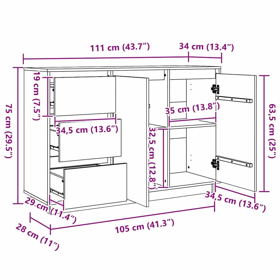 Buffet avec tiroir Chêne brun 111 x 34 x 75 cm Pin massif - 16