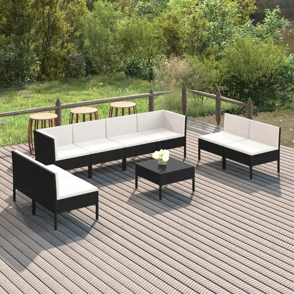 Salon de jardin 9 pcs avec coussins Résine tressée Noir