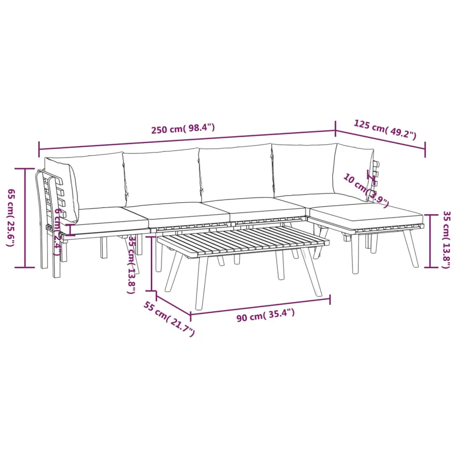 Salon de jardin 6 pcs avec coussins Bois d'acacia solide - 8